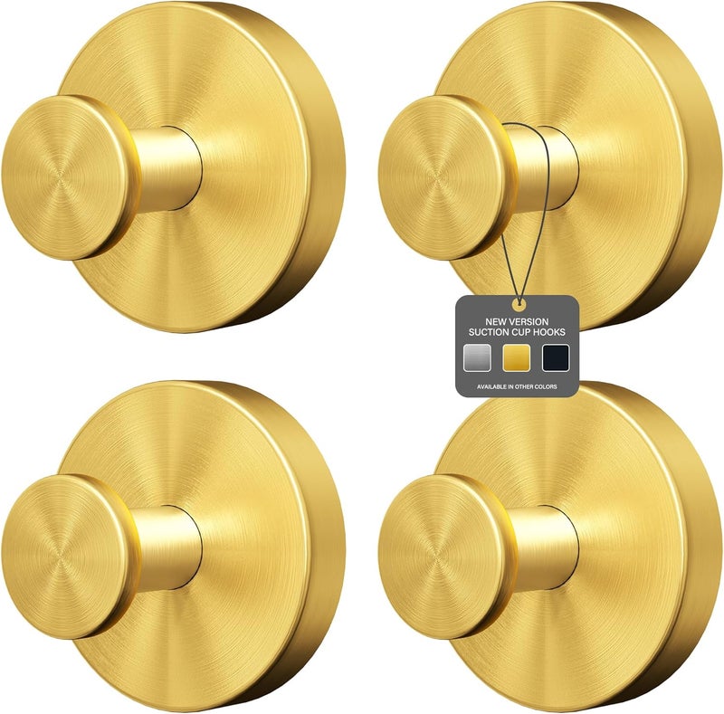 Ninth Five Shower Suction Cup Hooks, Heavy Duty Bathroom Wall Hooks for Towels, Robes, Loofahs, Removable Metal Hook for Tile Glass Mirror, No Drill(4 Pack, Gold) - Image 1